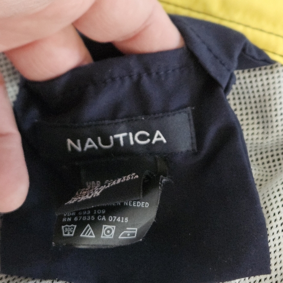 Nautica Navy Blue yellow lined Board Shorts Swim Trunks drawstring Mens size L - Picture 13 of 15